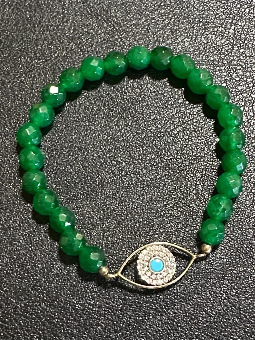 6mm Faceted Green Gemstone Evil Eye Protection Stretch Bracelet Gold-Tone